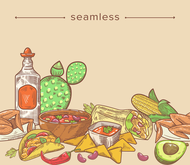 Мексиканская еда Doodle бесшовный шаблон с ручным рисунком кактус, текила, авокадо и начос с куриными крыльями - Вектор,изображение