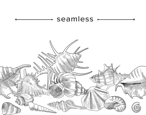 Безшовный рисунок с морскими раковинами, моллюск на белом фоне. Гравированный дизайн морских устриц - Вектор,изображение