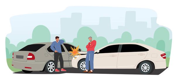 Car Accident on Road, Couple of Drivers Male Character Stand on Roadside at Crashed Automobiles. Insurance Situation - Vector, Image