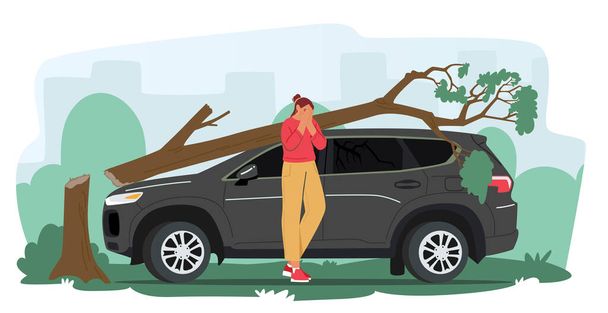 Kobieta z charakterem kierowcy płacze w pobliżu rozbitego samochodu z upadkiem drzewa na dachu samochodu. Katastrofa naturalna, Wypadek, Szkody - Wektor, obraz