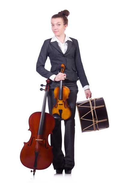 Femme drôle jouant du violon isolé sur le blanc
 - Photo, image