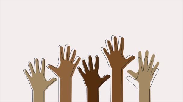 Handen omhoog in de lucht. Concept van rassendiversiteit, inclusiviteit, stemmen, vrijwilligerswerk of feesten. 4K video motion grafisch - Video