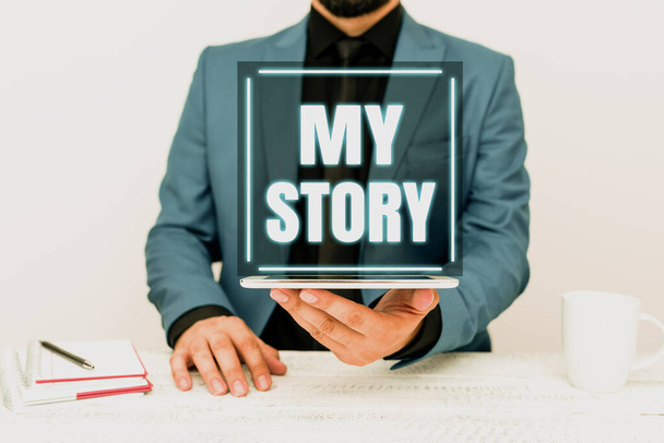 A My Story kijelzője. Üzleti kirakat cselekmény, hogy elmondja valakinek vagy olvasóknak, hogyan élte az életét Kommunikációs technológia bemutatása Okostelefon Hang- és videohívás - Fotó, kép
