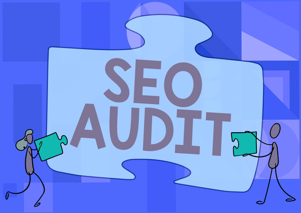 Writing displaying text Seo Audit. Concept meaning Search Engine Optimization validating and verifying process Colleagues Drawing Fitting Two Pieces Of Jigsaw Puzzle Together Teamwork. - Photo, Image