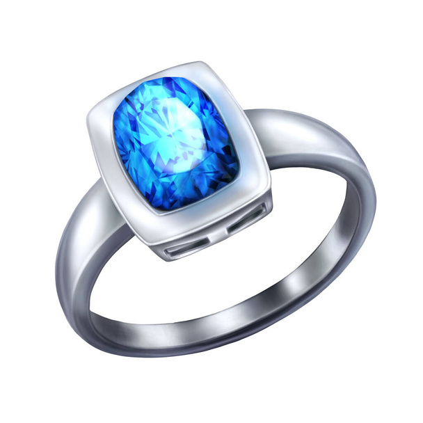 Anel de prata vetorial com diamante. Anel de casamento com pedra azul grande - Vetor, Imagem