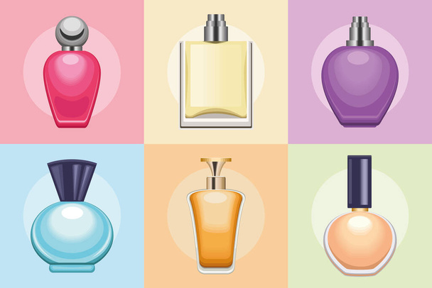 perfumes botellas seis iconos - Vector, Imagen