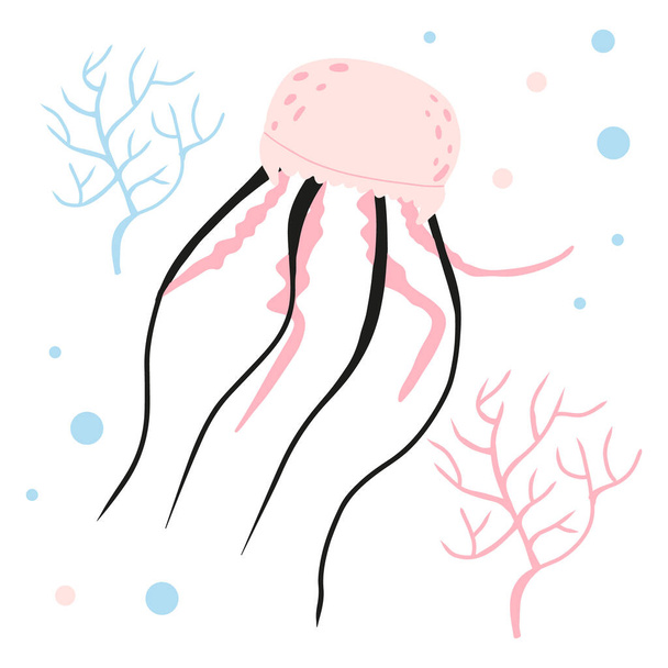 藻とピンクのクラゲの子供のイラスト。保育園のためのかわいいクラゲと手描きポスター. - ベクター画像