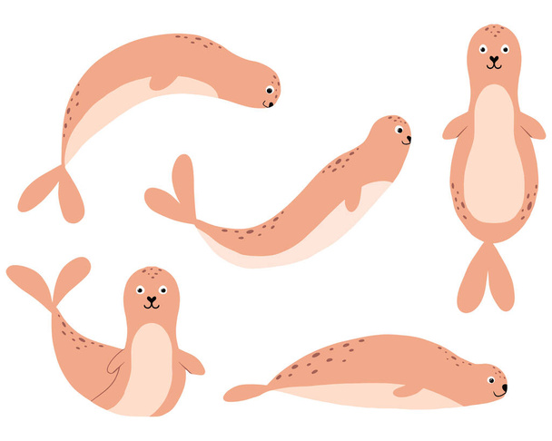  Childrens set of cute seals in cartoon style. A hand-drawn set of seals in different poses. - Διάνυσμα, εικόνα