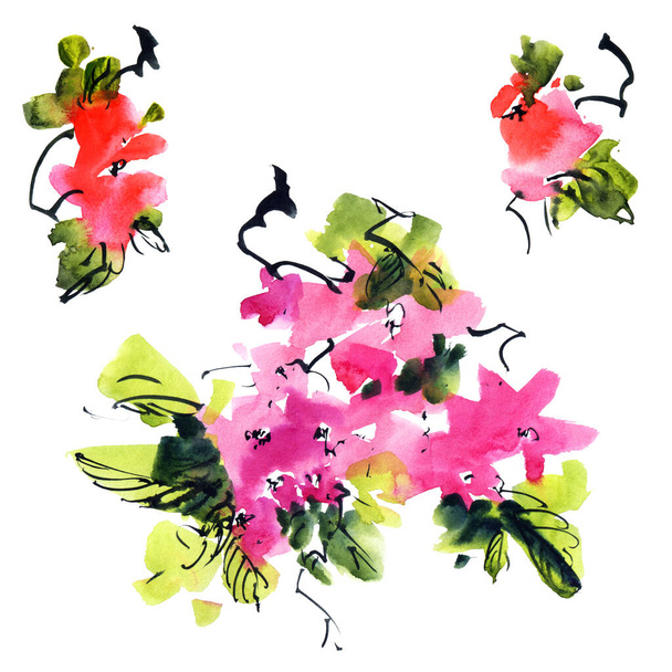 桜の水彩とインクのイラスト-ピンクの花と芽で小枝。様式による東洋の伝統絵画墨絵・u-sin・gohua. - 写真・画像