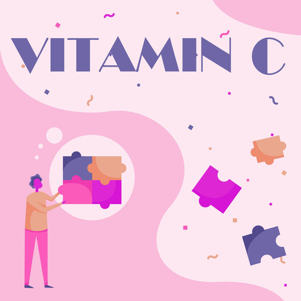 Inspiration mit Anzeichen von Vitamin C. Konzeptfoto, das die Heilung fördert und dem Körper hilft, Eisen Ascorbinsäure aufzunehmen Mann. - Foto, Bild