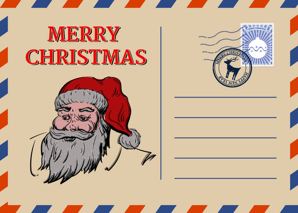 Christmas and Happy New Year greeting holiday postcard, xmas Santa portrait, vintage background. Vector illustration invitation card retro - Vector, Image