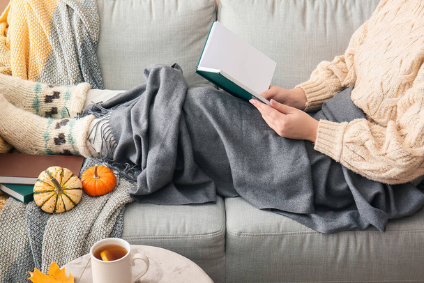 Woman with plaid sitting on sofa and reading book - Zdjęcie, obraz