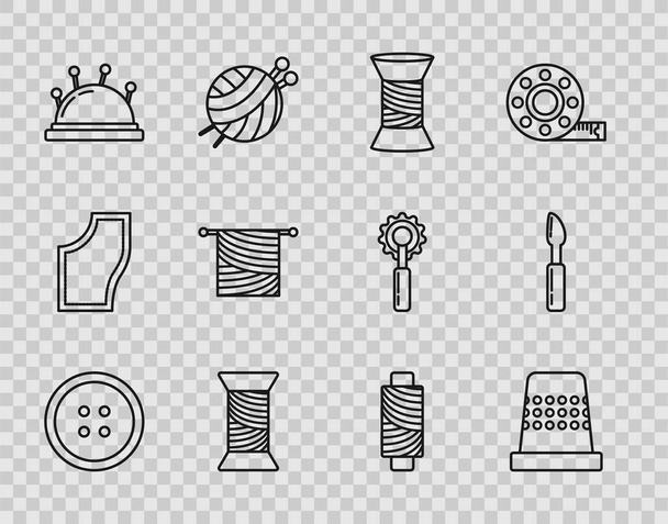 Set line Sewing button for clothes, Thimble sewing, thread spool, Needle bed and needles, Knitting, and Cutter tool icon. Vector - Vector, Image