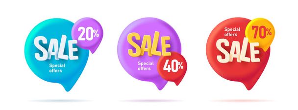Set of 3d speech bubbles tags illustration with discounts, colorful volume graphic promo elements, isolated - ベクター画像