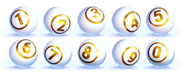 Реалистичный лото белые глянцевые шарики с золотыми номерами - Вектор,изображение