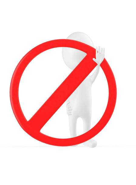 3d valkoinen merkki tekee stop ele kätensä seisoessaan lähellä kielletty merkki - 3d renderöinti - Valokuva, kuva