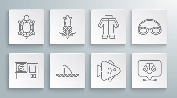 Set line Akční kamera, Octopus, Žraločí ploutev v oceánu vlny, Ryby, Hřebenatky mořské ulity, Wetsuit, Brýle a čepice a ikona želva. Vektor - Vektor, obrázek