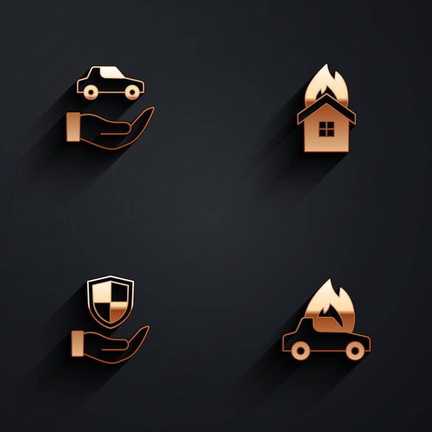 Set Car insurance, Fire burning house, Shield hand and Burning car icon with long shadow. Vector - Vector, Image