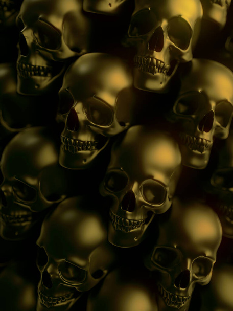 Wall of black shiny skulls with depth of field effect for concept design. Abstract dark pattern background. 3d rendering digital illustration - Φωτογραφία, εικόνα