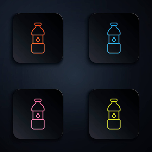 Cor linha de néon Garrafa de ícone de água isolado no fundo preto. Sinal de bebida com refrigerante. Definir ícones em botões quadrados. Vetor - Vetor, Imagem