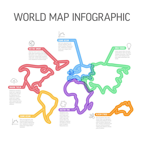 Vector world map Infographic report template made from thick marker lines and icons in the shape of world map continents with icons and descriptions - Vecteur, image
