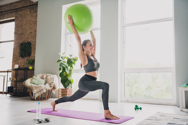 Full length body size view of attractive cheerful sportive girl doing physical activity holding ball at light home indoors - Photo, Image