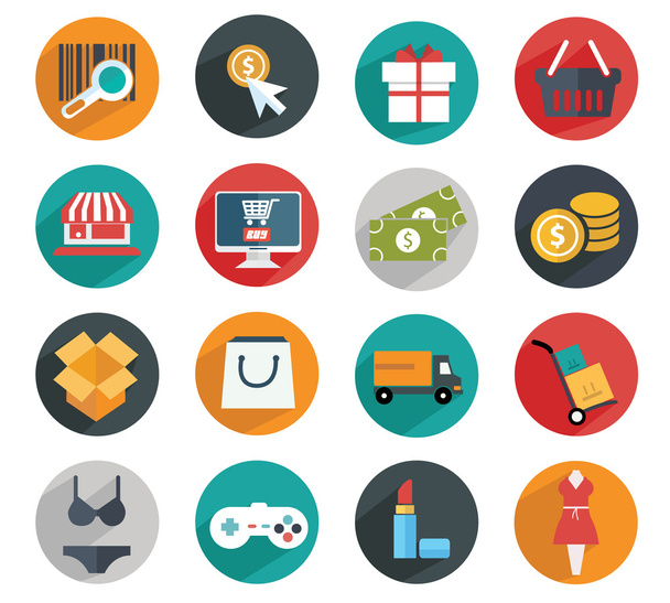 Colección vectorial de iconos modernos de compras planas y coloridas. Elementos de diseño para aplicaciones móviles y web
. - Vector, Imagen