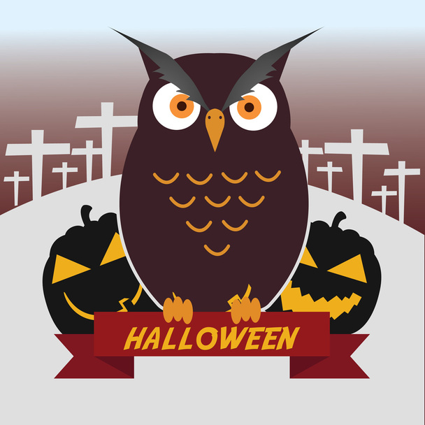 Хэллоуинская сова с тыквами на кладбище
 - Вектор,изображение