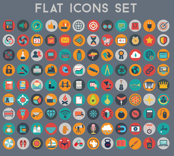 Big set of flat vector icons with modern colors of travel, marketing, hipster ,science, education ,business ,money ,shopping, objects, web - Vector, Image