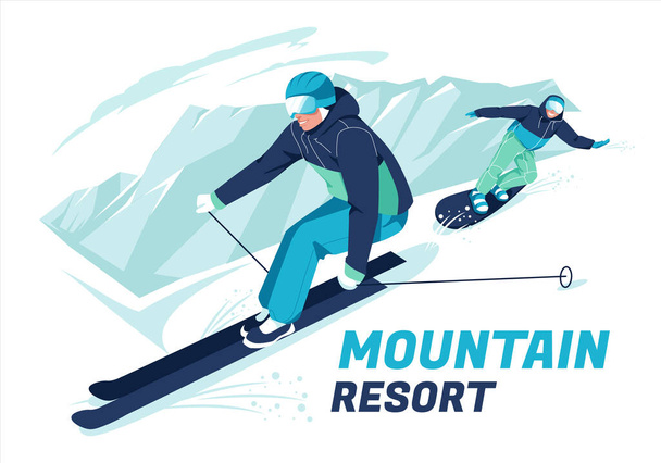 Escena de esquiador y snowboarder esquiando en pistas de montaña cubiertas de nieve. Deportes de invierno al aire libre. Dibujos animados ilustración vector plano. - Vector, imagen