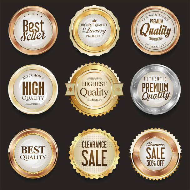 Collection of gold silver and bronze metallic badge and labels - Вектор,изображение
