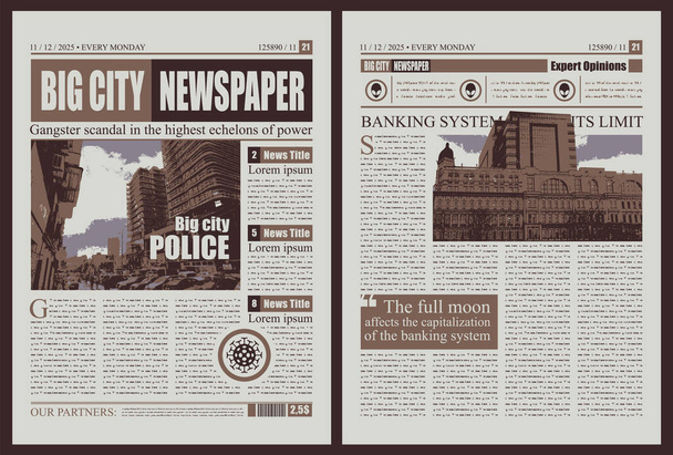 Vector newspaper layout with headlines, illustrations and imitation of text. Colored newsprint design or magazine page template. Breaking news columns, articles and place for advertising. - Vecteur, image