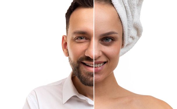 colagem de rostos masculinos e femininos close-up com um sorriso, o conceito de gênero e mudança de gênero, igualdade - Foto, Imagem