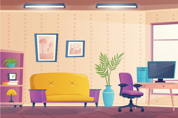 Concetto interno soggiorno in design a cartoni animati piatto. Appartamento con divano, posto di lavoro con sedia e computer su scrivania, libreria con arredamento, immagini, piante e finestra. Sfondo illustrazione vettoriale - Vettoriali, immagini