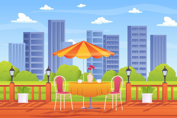 Nyári szabadtéri kávézó koncepció lapos rajzfilm design. Terasz csészékkel az asztalon és székekkel, esernyő, fa kerítés lámpákkal, zöld növények és felhőkarcolók kilátás. Vektor illusztrációs háttér - Vektor, kép