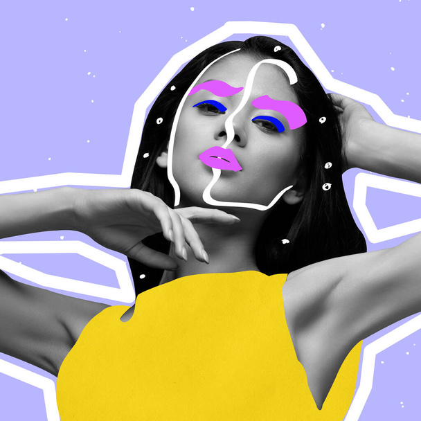 Creative design. Contemporary art collage of young beautiful woman with drawn makeup and cloth elements isolated over purple background - Fotó, kép
