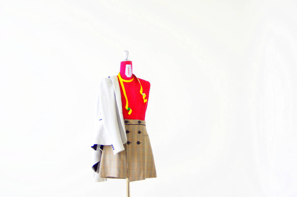 A closeup of a modern dressed red mannequin with a skirt and a jacket - Fotoğraf, Görsel