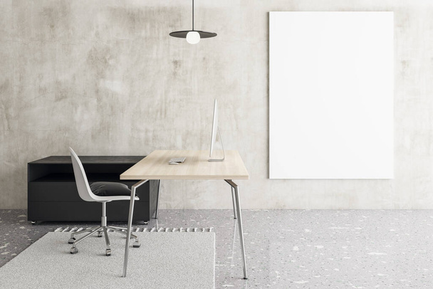 Modern minimalistic concrete office interior with empty mock up poster on wall, workplace, carpet, furniture and computer device. Style and design concept. 3D Rendering - Photo, image