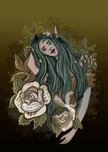 Swamp nymph with pointed ears and long green hair in dense vegetation and flowers, cartoon character with cute smile and kind eyes close-up, a fairytale girl with magical white roses and large leaves. - Foto, imagen