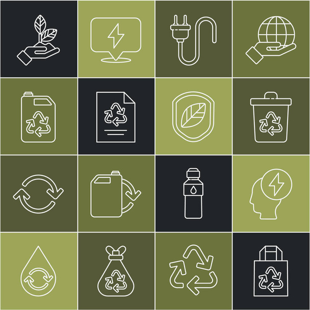 Set line Paper bag with recycle, Head and electric symbol, Recycle bin, Electric plug, Eco fuel canister, Plant hand and Shield leaf icon. Vector - Vector, afbeelding