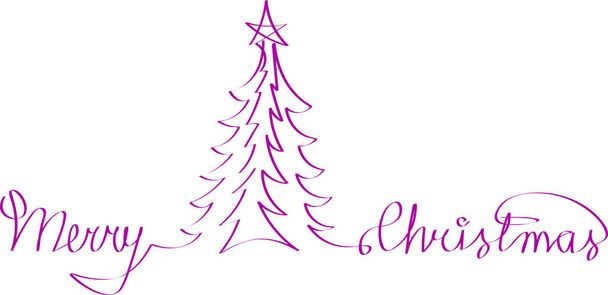 Esquema de árbol de Navidad con estrella y letras de Feliz Navidad dibujo de línea continua - Vector, imagen