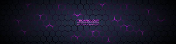 Gris oscuro y púrpura tecnología hexagonal horizontal abstracto amplio vector de fondo. - Vector, Imagen