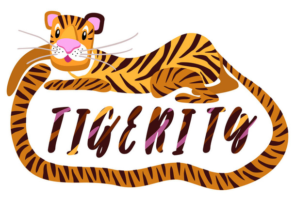 Cute cartoon striped tiger with long tail and moustache. Lying on the floor. Lettering tigerity. - Vector, afbeelding