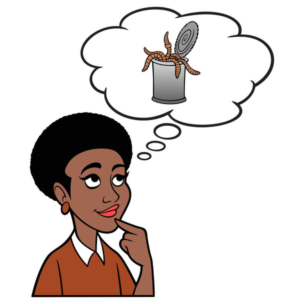 Mujer pensando en una lata de gusanos - Una ilustración de dibujos animados de una mujer pensando en abrir una lata de gusanos. - Vector, Imagen