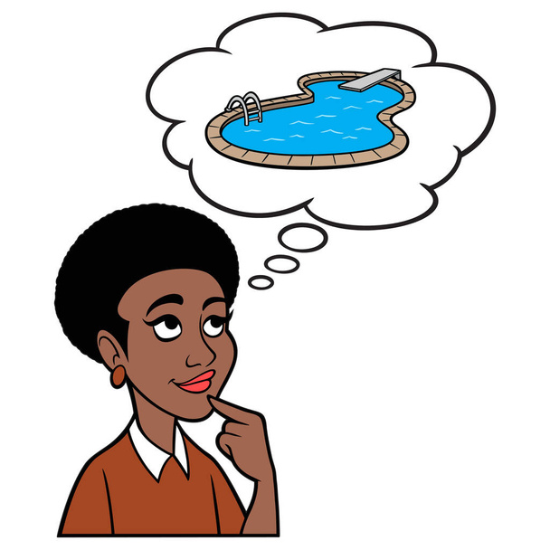 Black Woman thinking about a Swimming Pool - A cartoon illustration of a Black Woman thinking about a new Swimming Pool. - Vector, Image