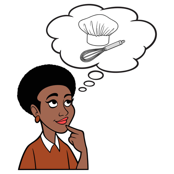 Black Woman thinking about Baking - A cartoon illustration of a Black Woman thinking about becoming a Baking Chef. - Vector, Image