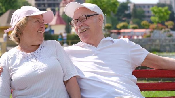 Joyeux couple âgé assis dans un parc d'été et s'amuser. - Photo, image