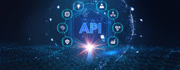 API - Interfejs programowania aplikacji. Narzędzie programistyczne. Biznes, nowoczesna technologia, internet i koncepcja sieciowa. 3D ilustracja - Zdjęcie, obraz
