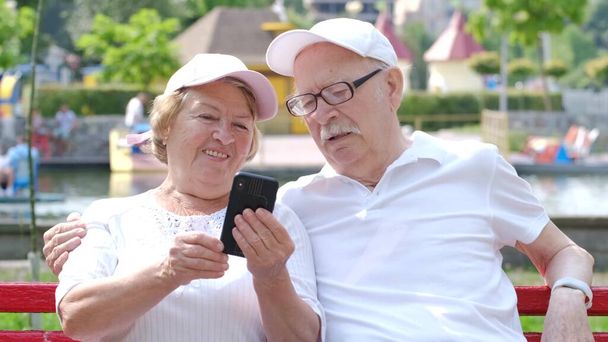 Feliz pareja de ancianos con smartphone en el parque de verano. - Foto, Imagen