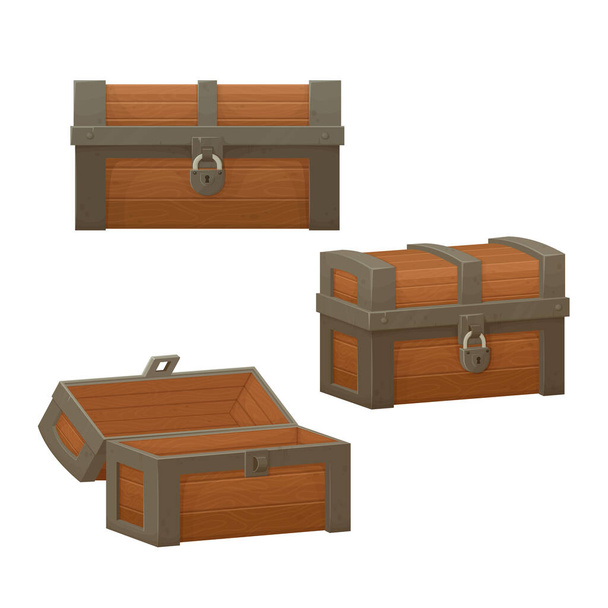Old wooden chest with opened and closed lid.  Pirate treasure. Vintage trunk.Cartoon style illustration. Vector. - ベクター画像